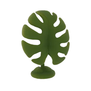 A 3D render of a green Monstera leaf with characteristic holes, standing on a small base, against a white background.