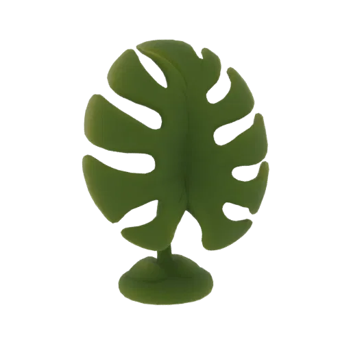 A 3D render of a green Monstera leaf with characteristic holes, standing on a small base, against a white background.