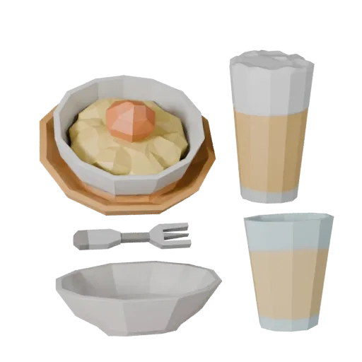 Cafe Salad Bowl Set Low Poly 3D model, game viewport three-quarter view, showing ceramic, arranged serving layout.