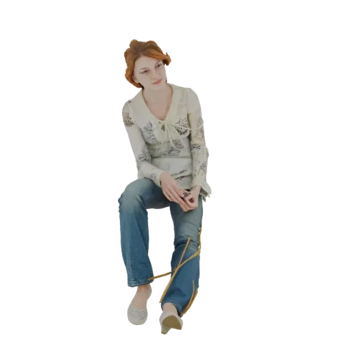 3D model of a young woman with auburn hair sitting down, wearing a white patterned blouse and blue jeans, looking to the side
