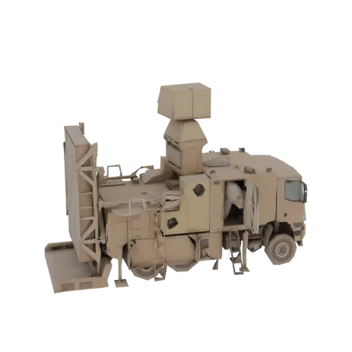 3D model of a tan-colored mobile radar system mounted on a truck, with a large radar dish on top.