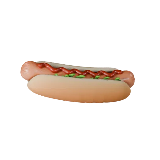 Hot Dog Realistic 3D model, three-quarter studio render, showing sauces, plated composition.
