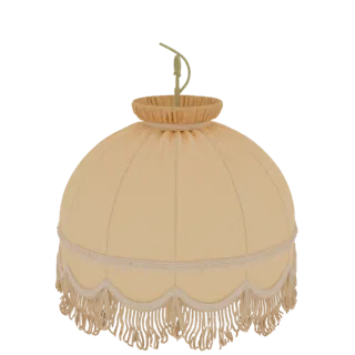 3D model of a cream-colored fabric lampshade with white lace trim and a cream fringe hanging from the bottom.