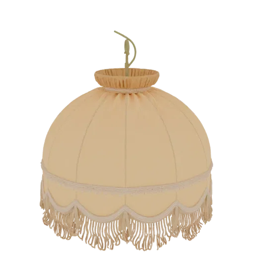 3D model of a cream-colored fabric lampshade with white lace trim and a cream fringe hanging from the bottom.
