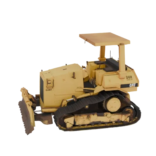 A 3D model render of a yellow Caterpillar D4H dozer with its blade lowered and tracks visible, set against a white background