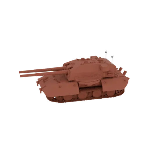 3D model of a German E-100 super heavy tank with twin cannons, shown from a side-front angle against a black background.