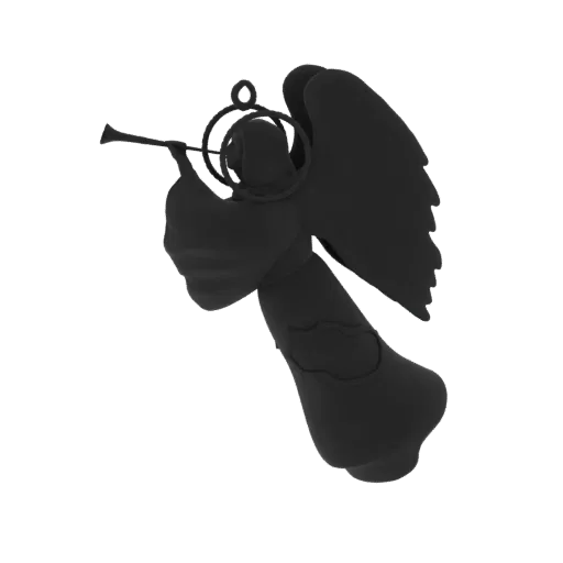 A 3D render of a black angel ornament with wings spread, holding and playing a trumpet, against a white background.
