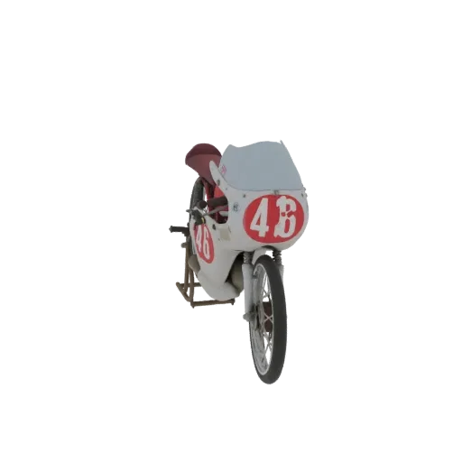 Modèle 3D d'une moto de course usine Benelli 1961 blanche avec un siège rouge et un pare-brise bleu clair, arborant le numéro