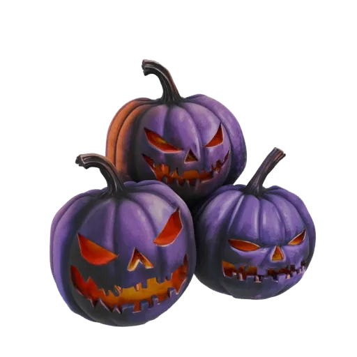 A 3D render of three glowing purple jack-o'-lanterns with carved faces, arranged together against a black background.
