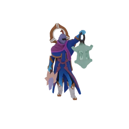 3D model of a fantasy character, a mystic lantern bearer, wearing a blue robe and holding a glowing lantern.