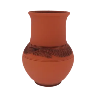 3D model of a terracotta pitcher with a flared rim and an incised decorative band around its body, set against a white backgr