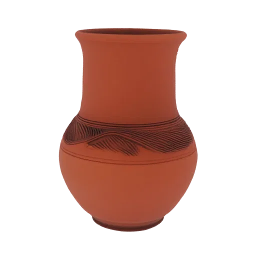 3D model of a terracotta pitcher with a flared rim and an incised decorative band around its body, set against a white backgr