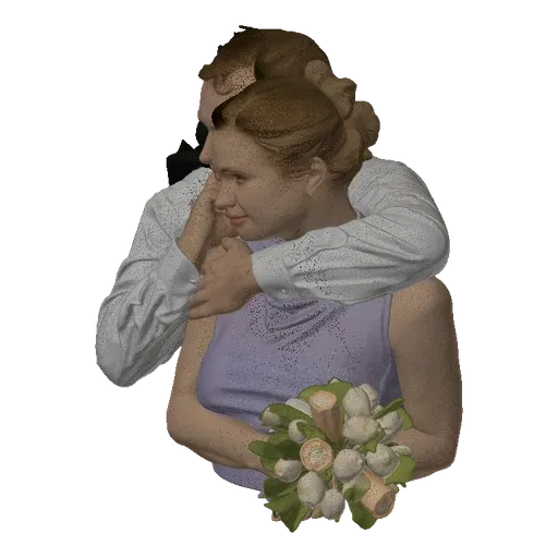 3D model of a man and woman embracing tenderly, holding a bouquet of flowers, with realistic textures and expressions.