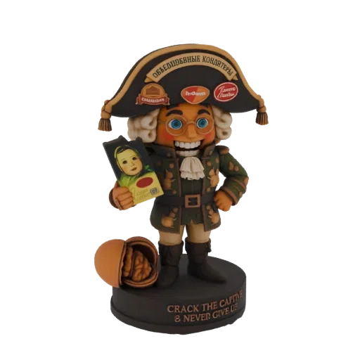 3D model of a Peter the Great nutcracker figurine in historical military attire, holding a box, with a cracked nut at its bas