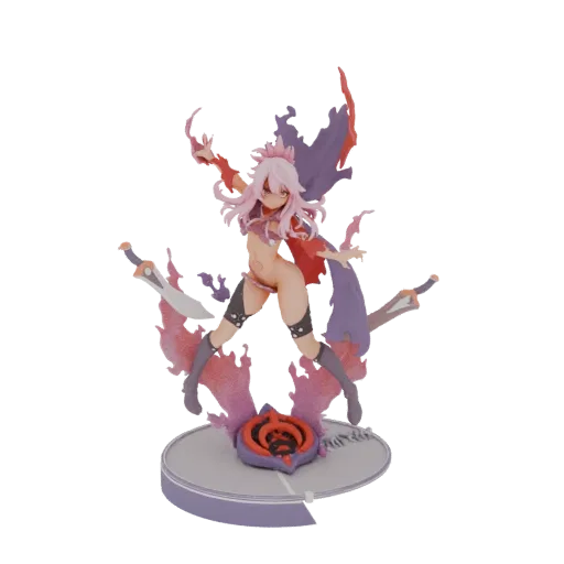 3D model of a fantasy sorceress with pink hair, wearing crimson and purple attire, surrounded by flames, holding two swords,