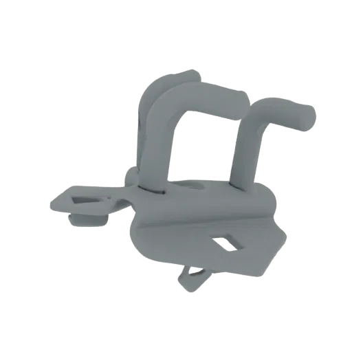A 3D render of a gray metal latch mechanism, showing its intricate levers, springs, and mounting points against a white backg