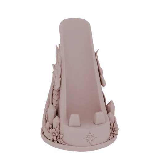 Modèle 3D d'un support de téléphone fantastique avec un dragon, des cristaux et des fleurs, avec une fente pour téléphone.