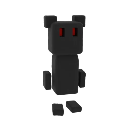 A 3D render of a black, blocky bear character with glowing red eyes, standing against a white background.