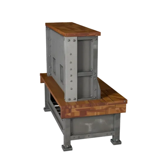 Industrial Workbench Low Poly 3D model, game viewport three-quarter view, showing steel frames, stable fixtures.