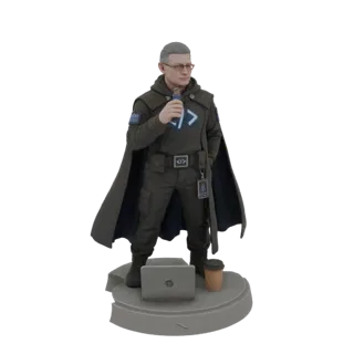 3D model of a cyberpunk coder wearing a cape, glasses, and tactical gear, holding a drink, with a laptop and coffee on a base