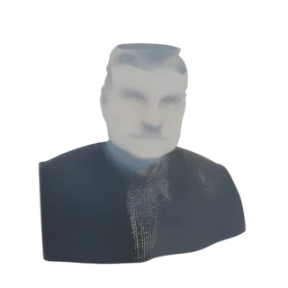 Render 3D de busto translúcido de hombre con traje, con acabado liso y etéreo.