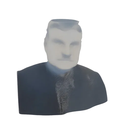 3D render of a translucent bust of a man wearing a suit, with a smooth, ethereal finish.