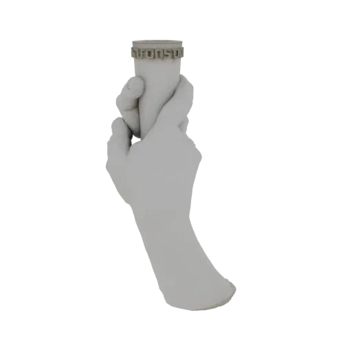 3D-Render einer glatten, grauen Hand, die sanft einen texturierten Flaschendeckel vor weißem Hintergrund hält.