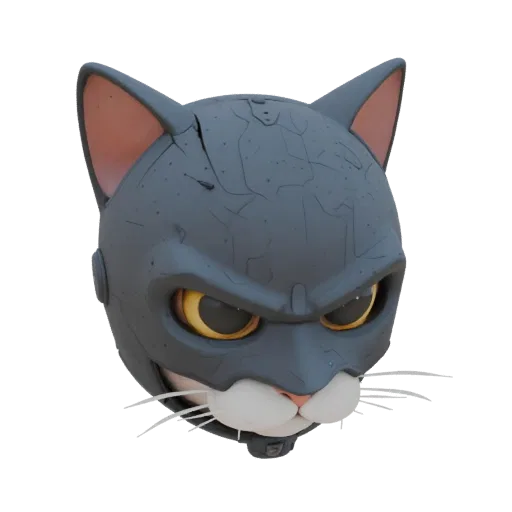 Modello 3D di casco di Batman stilizzato per gatto, con occhi gialli espressivi e orecchie caratteristiche