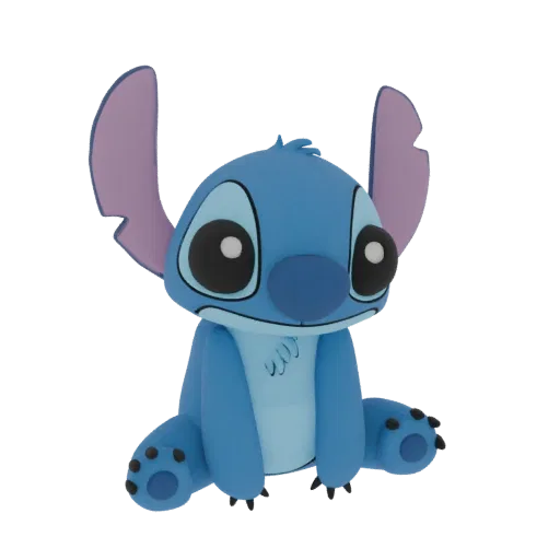 A 3D render of the character Stitch sitting down, with large ears and blue fur, against a black background.