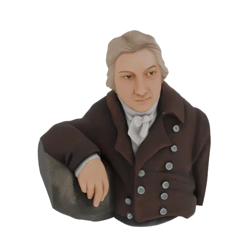 3D model render of an 18th-century gentleman bust with a powdered wig, cravat, and period attire, posed thoughtfully.