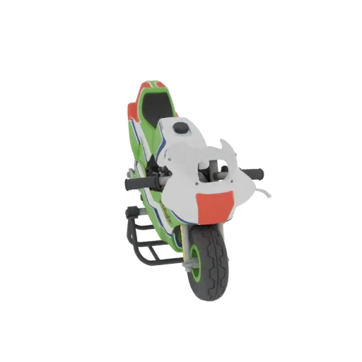 Front view of a miniature green, white, and red sportbike with training wheels, rendered on a black background.
