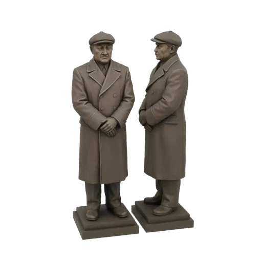 3D model of two men in bronze-colored overcoats and flat caps, standing on separate bases.