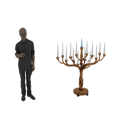 3D model of a wooden menorah with twisting branches and a single blue candle on the right side, with a stylized human figure