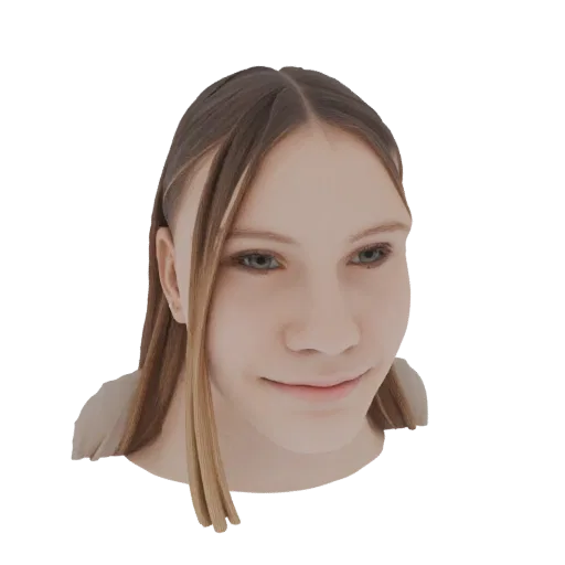 3D model preview of a young woman with long, flowing blonde and brown hair, looking slightly to the side with a gentle smile.