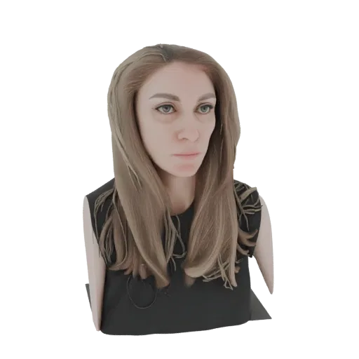 3D render of an AI-generated female bust with detailed facial features and blonde hair, presented against a white background.