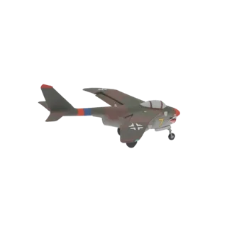 A stylized 3D model of a German WWII fighter jet with camouflage, shark mouth, and German cross markings, shown on a white ba