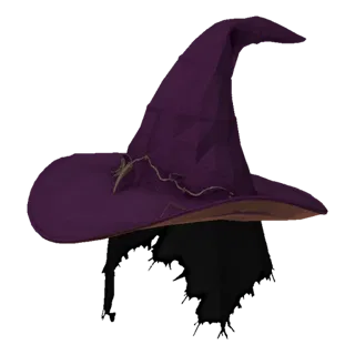 3D model of a dark purple witch hat with a torn black veil, front view.