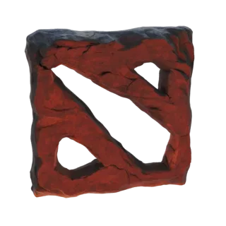 3D-Modell des Dota 2 Logos als raues, texturiertes Steinemblem in tiefroten und dunkelgrauen Farben.