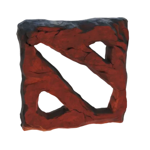 Modelo 3D del logo de Dota 2 renderizado como un emblema de piedra rugoso y texturizado con colores rojo intenso y gris oscur