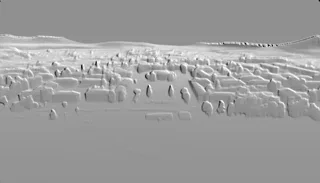 3D model of a relief cityscape with houses, trees, and hills in the background, rendered in bas-relief style.