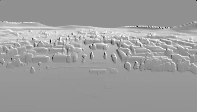 Modèle 3D d'un paysage urbain en relief avec maisons, arbres et collines en arrière-plan, rendu en style bas-relief.