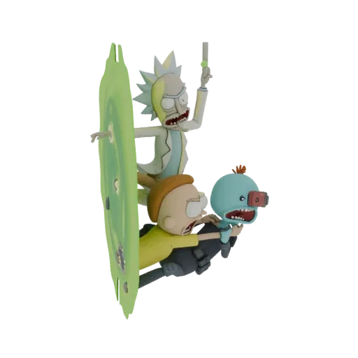 3D model of Rick Sanchez and Morty Smith jumping through a green portal with a creature, in the style of Rick and Morty.