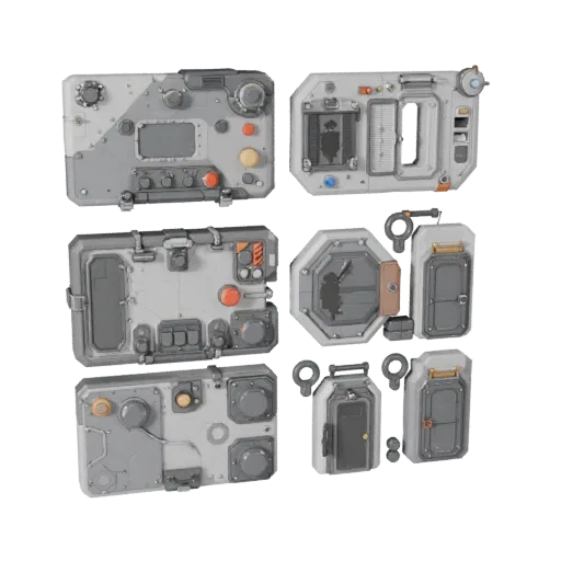 Sci Fi Pressure Plate Low Poly 3D model, game viewport three-quarter view, showing metal hinges, form detail.