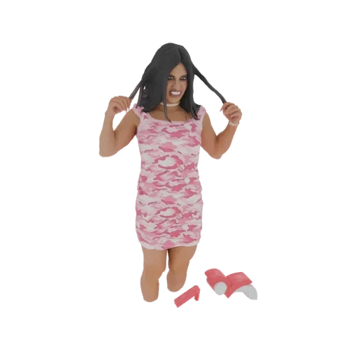 3D model of a Barbie doll with dark pigtails, wearing a pink camouflage dress, with pink heels beside her.