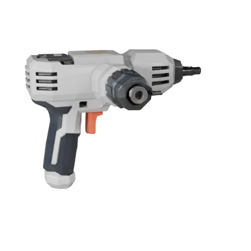 Workshop Drill Low Poly 3D model, game viewport three-quarter view, showing molded plastic, ergonomic handles.