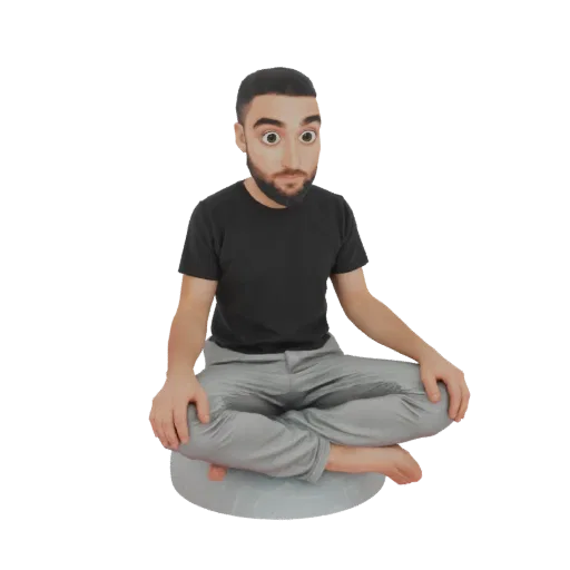 3D model of a man sitting cross-legged in a meditative pose with a surprised expression, wearing a black t-shirt and grey pan