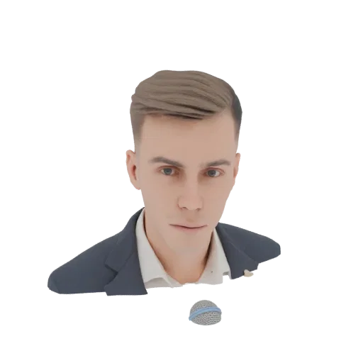 3D model of a business man in a suit holding a microphone, with a neutral expression and sharp features.