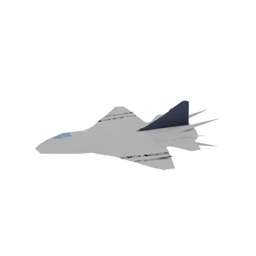 Modèle 3D d'un avion de chasse moderne avec un corps gris clair et une queue bleu foncé, vu de côté sur fond noir.