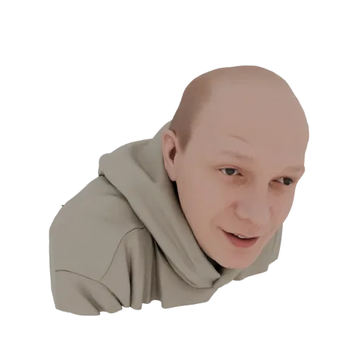 3D model render of a bald man wearing a light-colored hoodie, looking towards the viewer with a slight smile.