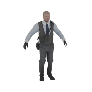 3D-Modell eines Mannes mit hellblauem Hemd, dunkelgrauer Weste und dunkler Krawatte, mit kurzen braunen Haaren.